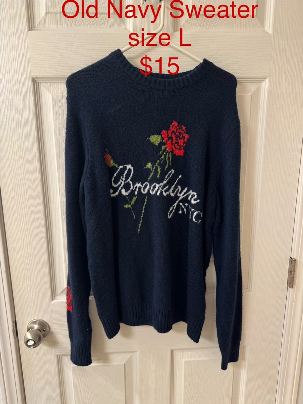 Old Navy Crewneck Sweater with Red Rose Embroidery L Brooklyn